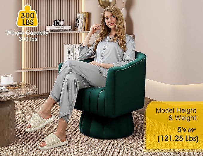 Mid Century 360 Degree Swivel Cuddle Barrel Accent Sofa Chairs, Round Armchairs with Wide Upholstered, Fluffy Velvet Fabric Chair for Living Room, Bedroom, Office, Waiting Rooms, (Green)