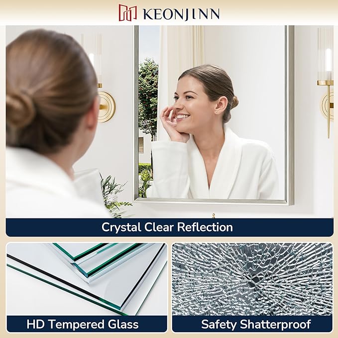 Keonjinn 55 x 30 Inch Brushed Nickel Bathroom Mirrors for Over Sink, Beveled Rectangle Framed Mirrors for Wall, Farmhouse Bathroom Vanity Mirror, Tempered Glass, Square Corner