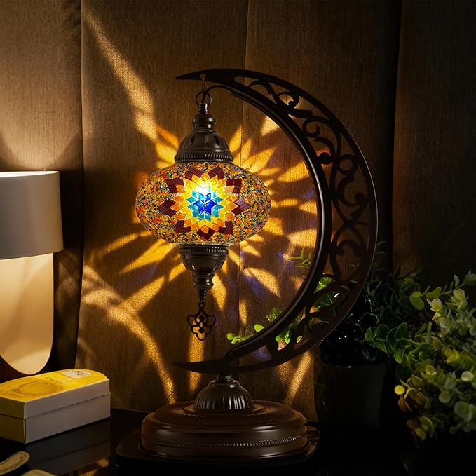 Mozaist Turkish Tiffany Style Moon Shape Table Lamp, Moroccan Mosaic Crescent Handcraft Desk Light, Rustic Stained Glass Dining Room, Bedside Colorful Home Decor with E12 Socket & US Plug (Sunflower)