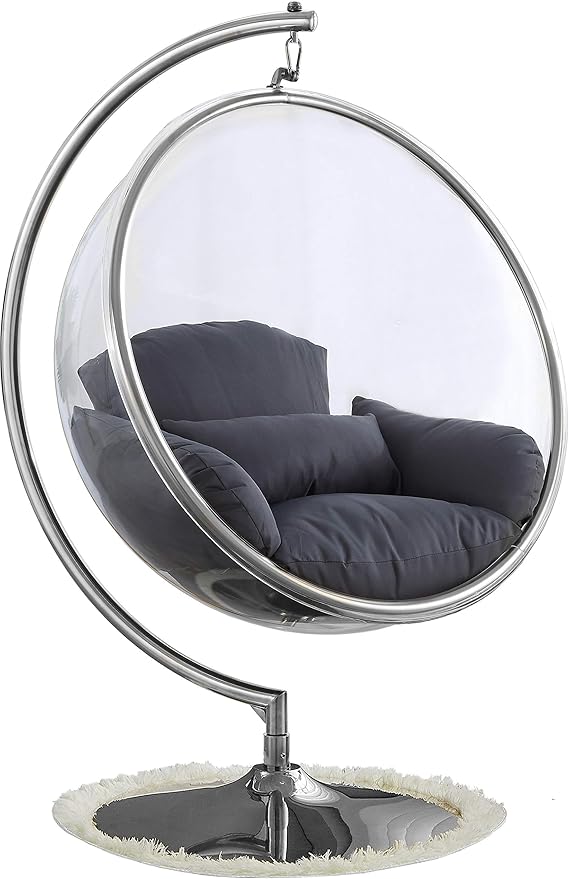 Meridian Furniture 507Grey Luna Collection Modern | Contemporary Clear Acrylic Accent Swing Chair with Durable Metal Base and Fabric Seat, Grey, Chrome Finish, 41.5" W x 29.5" D x 64" H