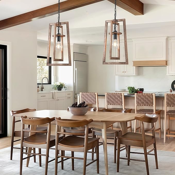 12.3'' Dining Room Light Fixtures Wood Pendant Light Adjustable Farmhouse Chandelier Semi Flush Mount Ceiling Light for Kitchen Island Dining Room Entryway Living Room Entrance Hall