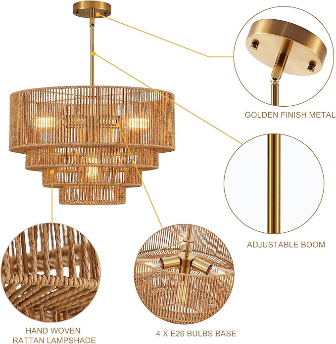 19.7" Boho Rattan Chandelier Light Fixture 4-Light Hand-Woven Bamboo Vintage Farmhouse Chandelier Drum Wicker Golden Chandeliers for Dining Room, Kitchen Island, Bedroom, Foyer