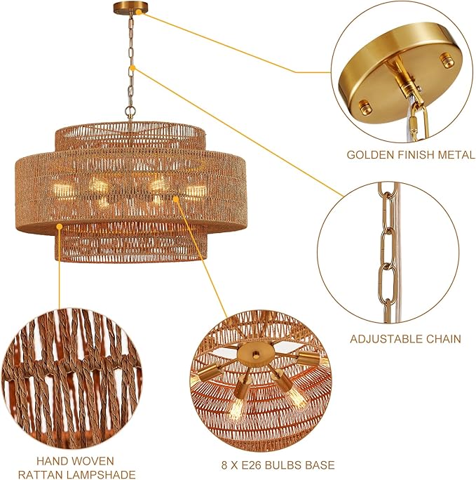 31” Large Rattan Chandelier Light Fixture 8-Light Vintage Farmhouse Hand-Woven Boho Bamboo Rattan Chandelier 3-Tier Drum Wicker Gold Chandeliers for Dining Room, Kitchen, Living Room