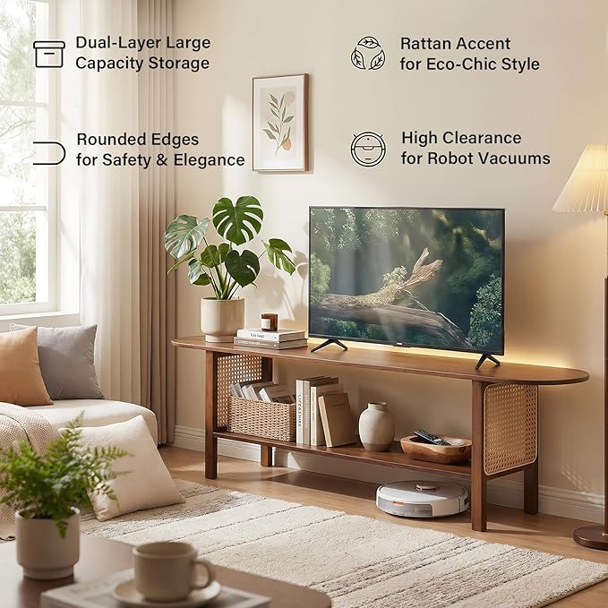 Welnow Walnut Rattan TV Stand for 65" TV, Mid Century Modern Entertainment Center with 2-Tier Open Shelves, Versatile Modern TV Console & Table for Living Room & Gaming