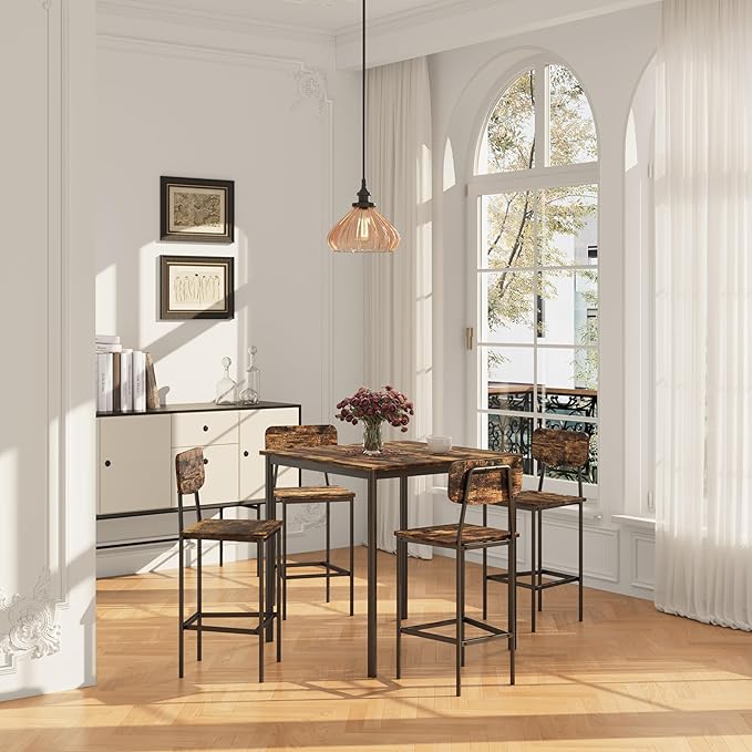 Kitchen Table and Chairs of 4, 5 Piece Dining Table Set, Sturdy Industrial Space Saving Dinette Set for Pub, Family Dinners, Apartment, Rustic Brown