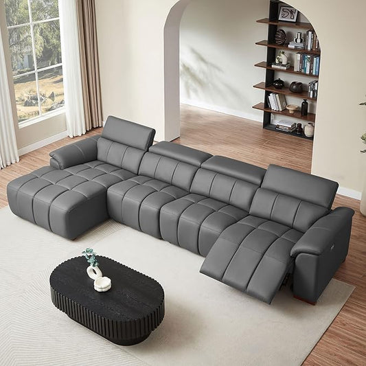 KEIKI 145" L-Shaped Genuine Leather Wall-Hugger Reclining Sofa with Left Chaise, Adjustable Backrest & Footrest, Modern Style Electric Control 4-Seater Couch with USB, for Living Room, Dark Grey