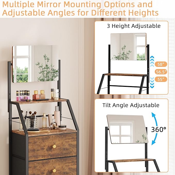 Dresser with Mirror, 4 Drawers Dresser with 2-Tier Shelves, Freestanding Fabric Chest of Drawers for Small Space, Tall Narrow Nightstand Vanity for Bedroom, Hallway, Dorm, Rustic Brown, 15.3"W