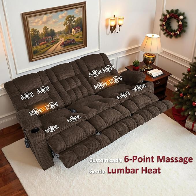 MCombo 80.7" W 3 Seater Power Reclining Sofa with Heat and Vibration Massage, Zero Gravity Recliner Sofa Couch for Living Room, Fabric 6316M3 (Brown, 3-Seater)