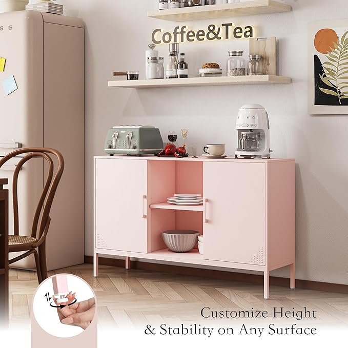 Accent Cabinet with 2 Door and Shelves TV Stand Metal Kids Locker Storage Cabinet Multipurpose Buffet Sideboard for Living Room, Kitchen, Bedroom, Dining Room, Entryway (Pink, H29.53'')