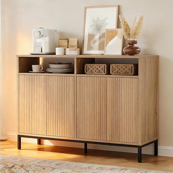 46.4" Fluted Sideboard Buffet Cabinet with Storage, Coffee Bar Console Cabinet with 4 Doors and Adjustable Shelves, Modern Wood Credenza for Kitchen, Living Room, Entryway, Natural