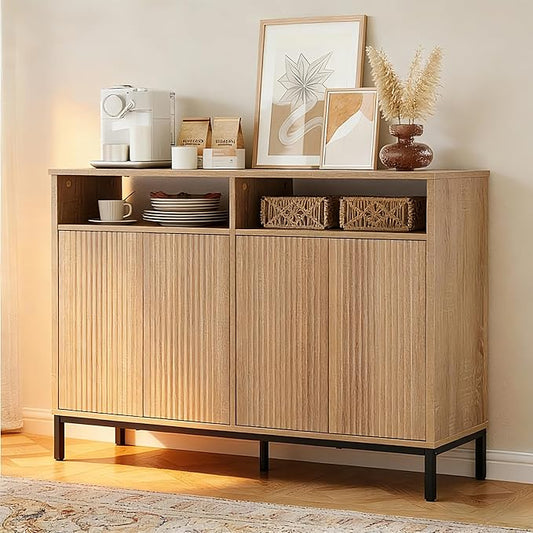 46.4" Fluted Sideboard Buffet Cabinet with Storage, Coffee Bar Console Cabinet with 4 Doors and Adjustable Shelves, Modern Wood Credenza for Kitchen, Living Room, Entryway, Natural