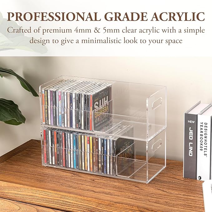 MyGift 2 Pcs Clear Acrylic CD Holder Racks, Stackable CD Storage Box, Music Disc DVD Display Cases, Modern Media Cassette Organizers with Cutout Carrying Handles