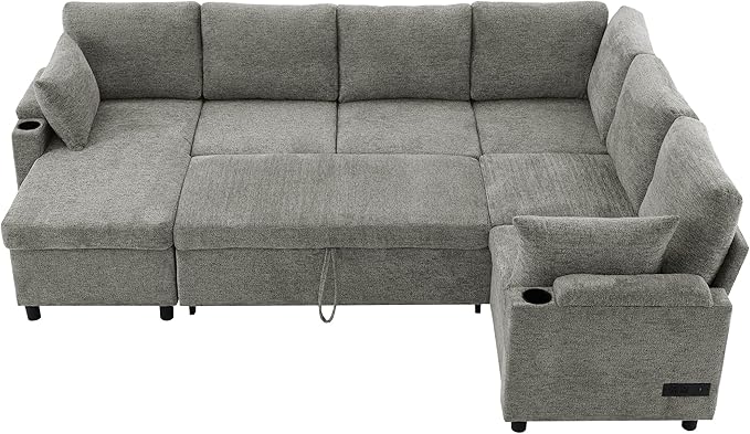 ERYE U Shaped Pull Out Sleeper Sectional Sofa Bed Modern Corner Convertible Sleeper Couch with Left Facing Storage Chaise, Cupholders, Charging Ports and Armrests Storage