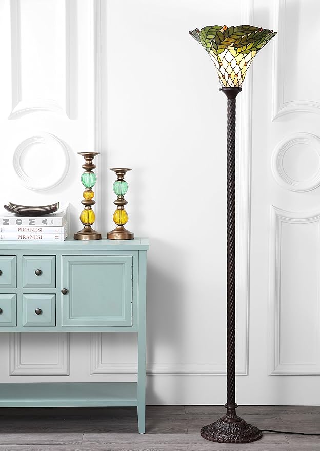 JONATHAN Y 71" Bronze Botanical Tiffany-Style Torchiere LED Floor Lamp, Handcrafted Stained Glass Bowl Shade, Traditional Iron Standing Lamp for Living Room, LED Bulb Included JYL8004A