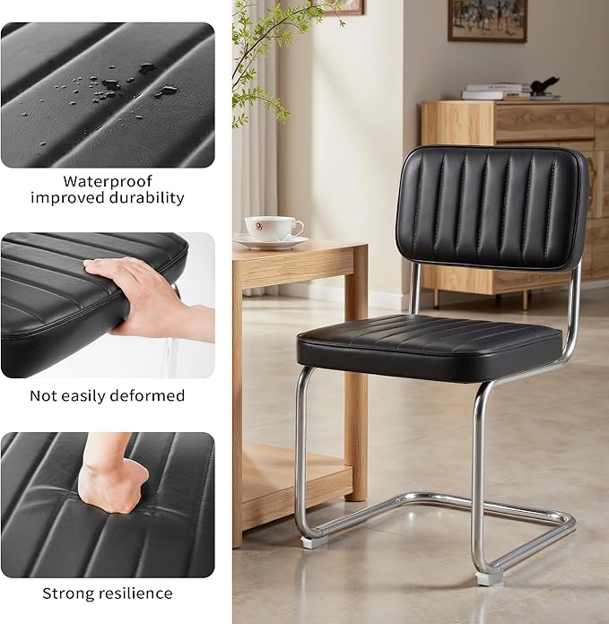 CangLong Faux Leather Dining Chairs Set of 2, Modern Upholstered Dining Room Chairs Armless Accent Chairs with Comfy Seat & Backrest, Black Metal Legs for Living Room, Cafe, Black