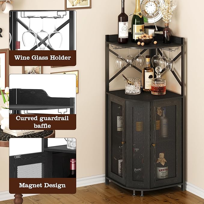 JKsmart Corner Bar Cabinet with LED Lights,4-Tier Wine Bar Cabinet with Glass Holder,Industrial Liquor Cabinet with Door and Shelf,Farmhouse Home Bar for Liquor Wine Coffee Storage,Black