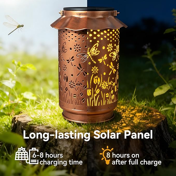 Ollny Solar Lanterns Outdoor Waterproof Dragonfly, for Mothers Day Birthday Thanksgiving Gifts for Mom Grandma Sister Women Her, Hanging Solar Metal Lights for Garden Backyard Patio Decor