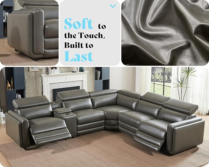 AMERLIFE Power Recliner Sofa, 129 Inch Oversized Reclining Sofa with Console & Speaker, 5 Seats L Shaped Sectional Couch for Living Room, Dark Grey Leather