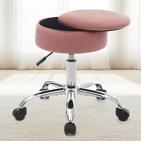 Adjustable Vanity Stool with Storage Rolling Vanity Chair with Wheels Swivel Vanity Stool Chair for Vanity Makeup Stool Pink