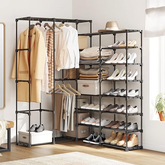Portable Closet Wardrobe Clothes Rack with Shelves Freestanding Closet Organizer with Shoe Rack for Hanging Clothes 77.4x11.8x66 Inches for Bedroom Living Room with Rubber Hammer Black