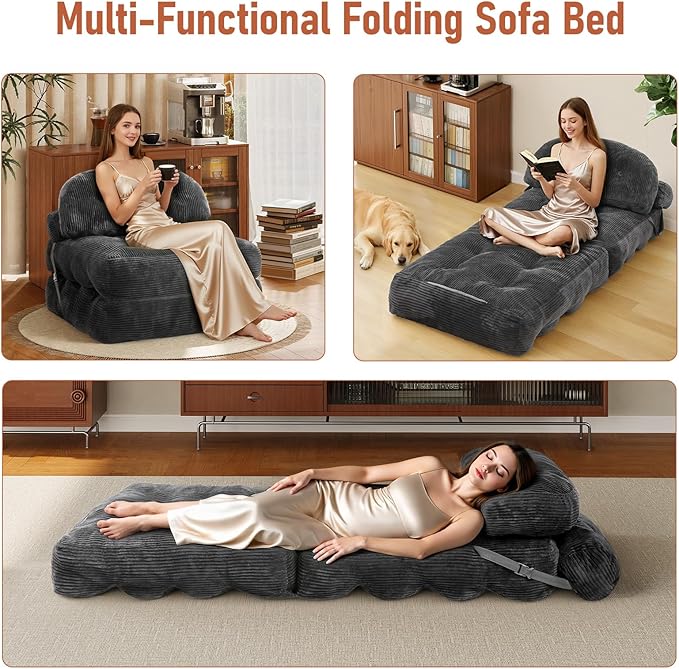 Folding Sofa Bed, Convertible Sleeper Chair with Back Support and Pillow Futon,Boneless Foldable Couch for Living Room/Guest Use/Home Office, Foldable Chair Bed for Adults, Dark Gray