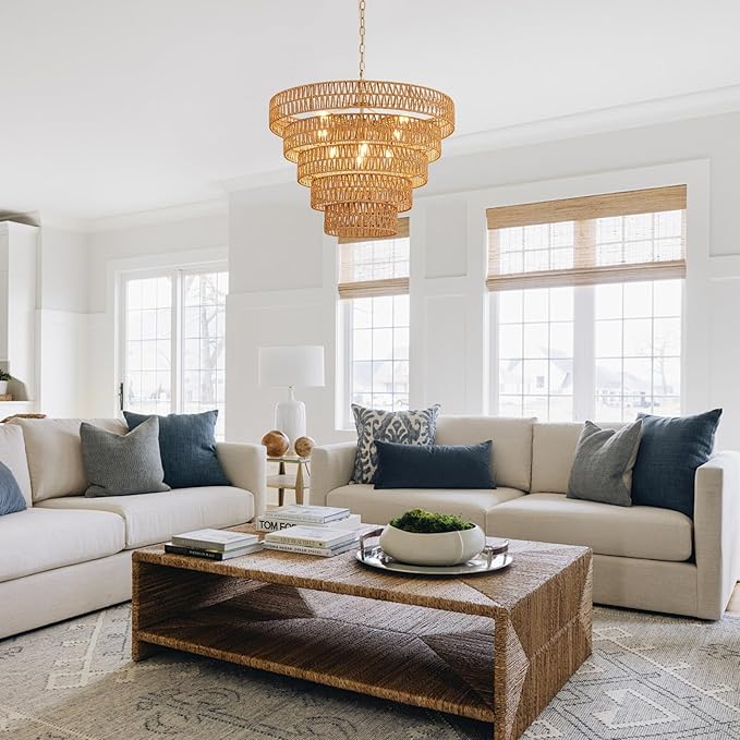 25.6" Hand-Woven Rattan Chandelier Light Fixture 8-Light Vintage Farmhouse Hand-Woven Boho Bamboo Rattan Chandelier 5-Tier Drum Wicker Golden Chandeliers for Dining Room, Kitchen, Living Room