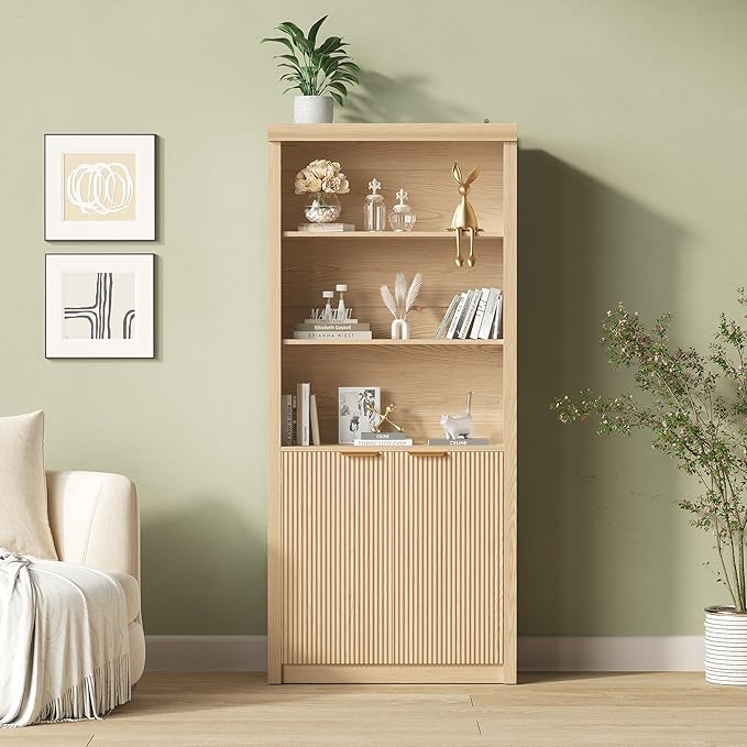 Garvee 71" Tall Bookshelf with Fluted Doors, 5 Tier Bookcase Display Shelves with Storage Cabinet & Adjustable Shelf, Mid-Century Modern Bookshelves for Home Office, Living Room, Oak