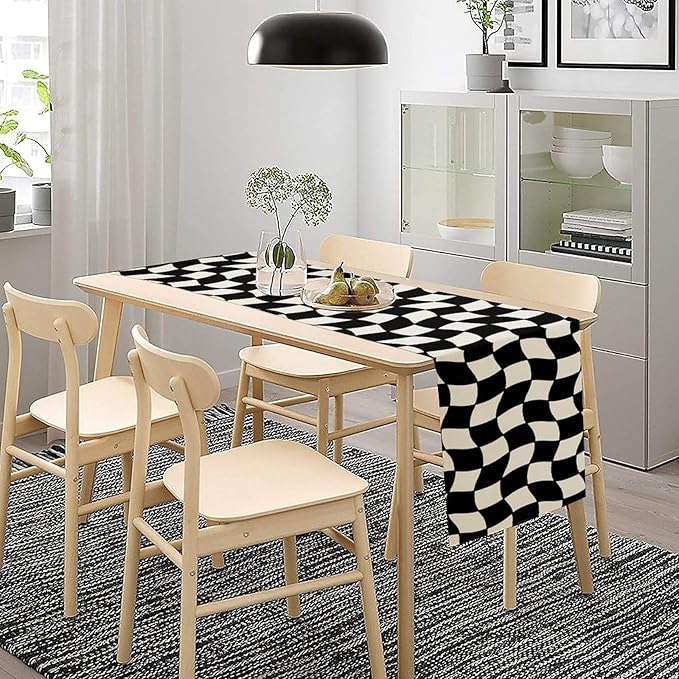 Black White Plaid Table Runner Hippie Abstract Plaid Racing Car Birthday Party Decoration Kitchen Dining Room Decor 13x70in