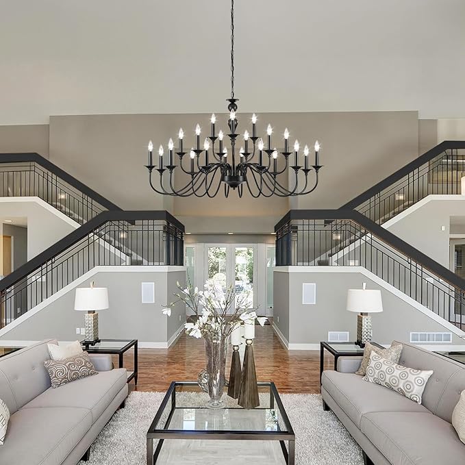 Black Chandelier 21 Light, Large Farmhouse Chandeliers for Dining Room Light Fixtures Over Table, 3 Tier Industrial Candle Hanging Lighting Fixture for Living Room Foyer Staircase Restaurant Villa