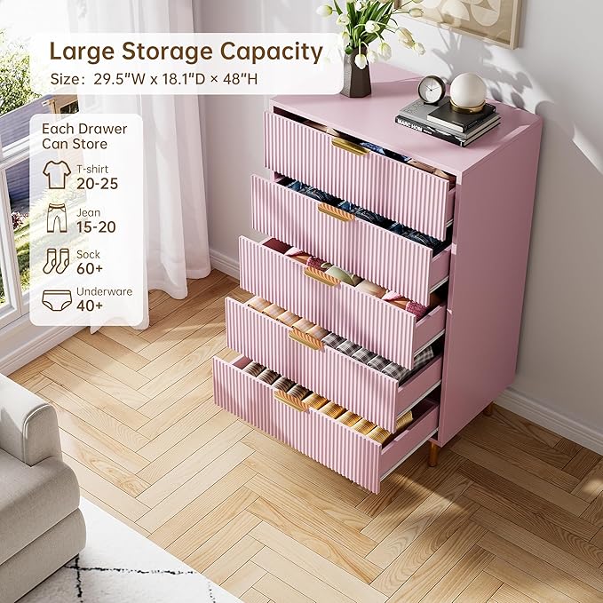 IDEALHOUSE Pink Dresser, Modern 5 Drawer Dresser for Bedroom with Gold Handle and Large Drawer, Wood Double Chest of Drawers and Storage Organizer for Living Room, Hallway, Entryway