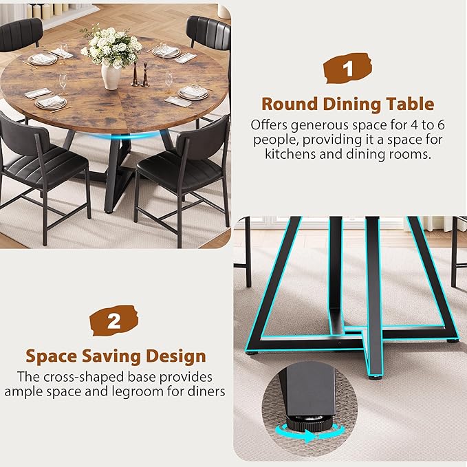 51“ Round Kitchen Dining Room Table for 6-8, Circle Dining Dinner Table with Pedestal Metal Frame, Space Saving Wood Industrial Furniture for Small Space (Rustic Brown)