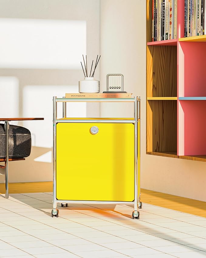 Matte Storage Cart with Flap Door, Large Capacity Storage Cart with Detachable Wheels, DIY Modern Home Furnishing, Great for Home, Office, Bedroom, Kitchen (Matt Yellow)