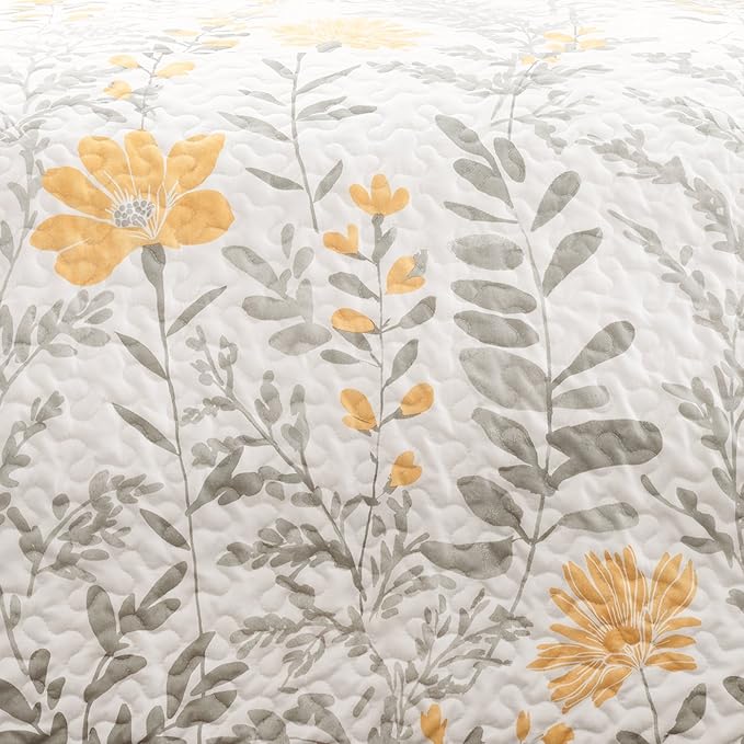 Lush Decor Aprile Reversible Floral Quilt King Size 3 Piece Set King, Yellow & Gray - Bedding Set - Floral Quilt - Cottage Bedroom Décor