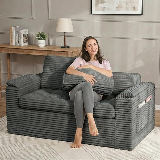 Loveseat Sofa, Boneless Cloud Couch for Living Room 2 Seater Modern Lounge Sleeper Couch with Removable Cover Corduroy Sofa with Armrest, Seat Cushion & Pillows for Small Spaces, Dark Grey