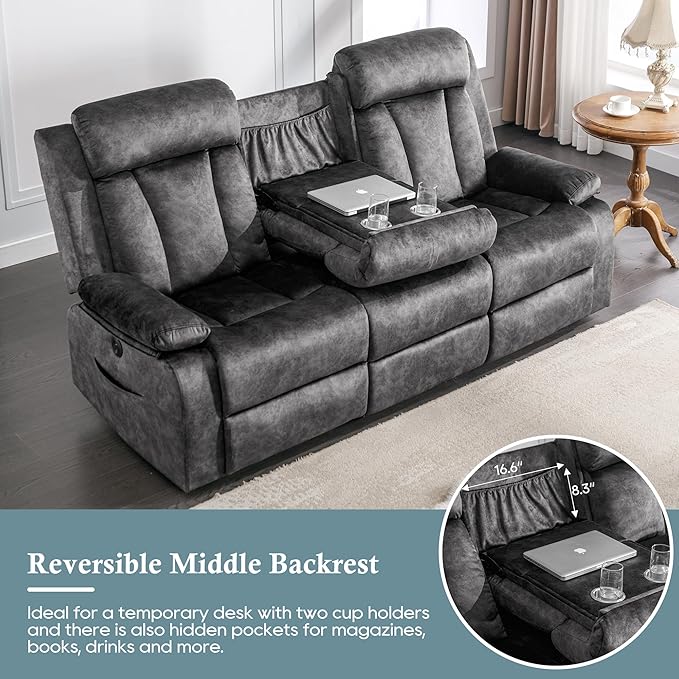 GUEAPY Power Reclining Sofa, 3-Seater Reclining Couch with Massage & Heat, Drop-Down Table, USB & Type-C Charging Ports, Cup Holders, Dutch Velvet, RV & Living Room Reclining Seating