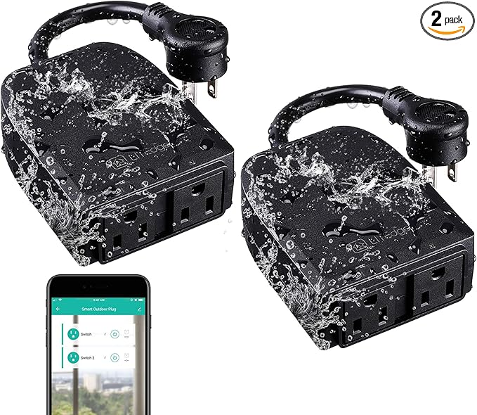 LITEdge WiFi Outdoor Smart Plug 250V, 2 Independently Control Sockets Power Outlet, Compatible with Google Home & Alexa, APP Cordless Remote Timer, Waterproof, Pack of 2