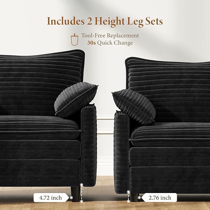 Vesgantti 40" Single Seat Sofa, Comfy Cloud Couch Deep Seat Upholstered Couch Corduroy Modern Sofa with Armrest Pillow, Easy Assembly for Living Room, Bedroom and Apartment, Black | Sink-in Comfort, Height Adjustable, Easy Rearrangement, Extra-deep Ott...