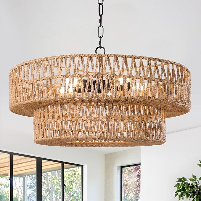 LamQee 22 Inch Farmhouse Rattan Chandeliers, 5 Lights Boho Chandelier Light Fixture with Hand Woven Wicker Shade, Large Rattan Pendant Lights Ceiling Hanging Lighting for Dining Room Kitchen Island