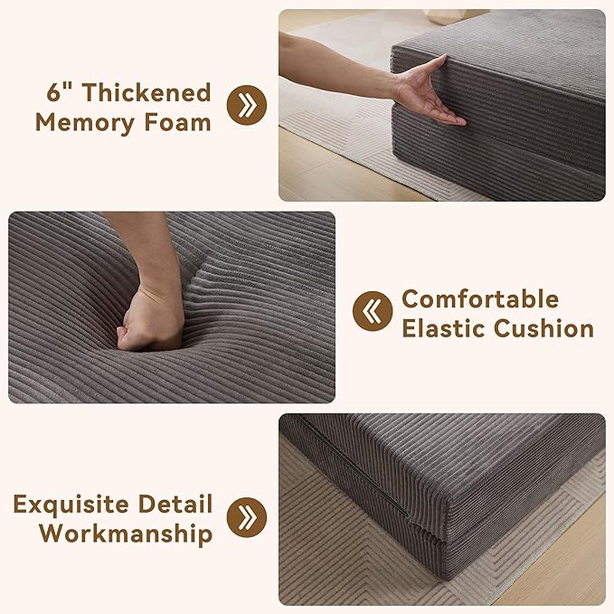WUTUTUEE Folding Sofa Bed Convertible Floor Couch Foldable Chair Bed with Pillow，Linen Sleeper Chair Futon,Foldable Memory Foam Mattress for Bedroom/Living Room/Dorm/Office (Corduroy Grey, Single)