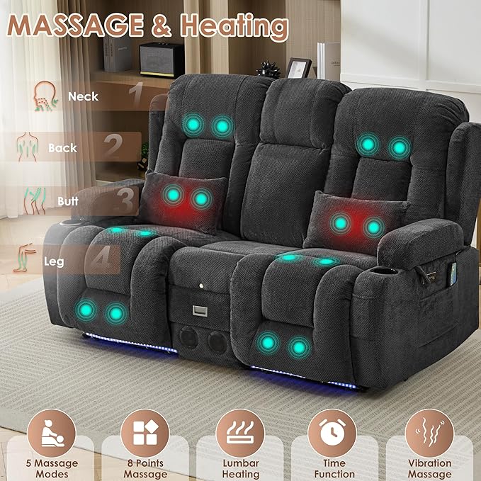 TUNYI Wall Hugger Loveseat Recliner Sofa with Console, Power Reclining Loveseat RV Couch with Massage & Heat/USB/Outlet/Storage/LED Light/Speaker (Dark Grey)