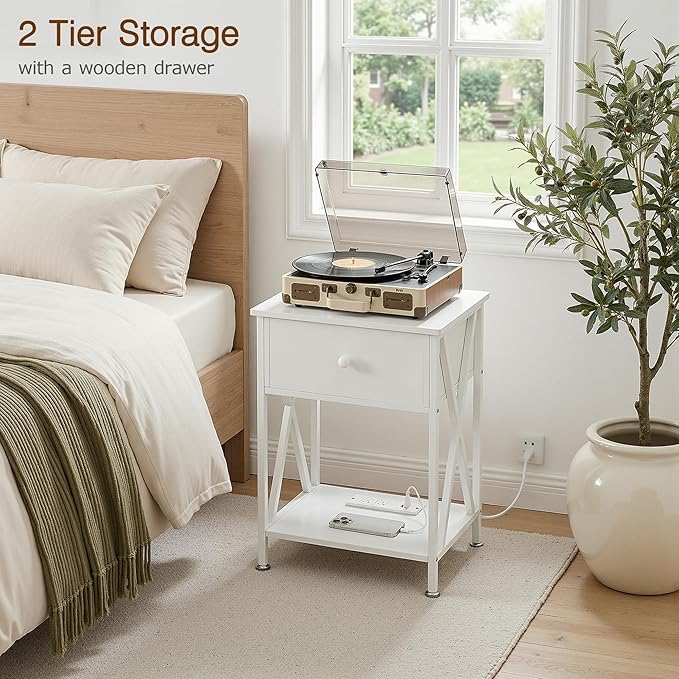 VECELO Nightstand Set of 2,End Tables with Charging Station,Bed Side Table with Open Shelf &USB Ports & Outlets,Small Dresser for Bedroom, Living Room,White