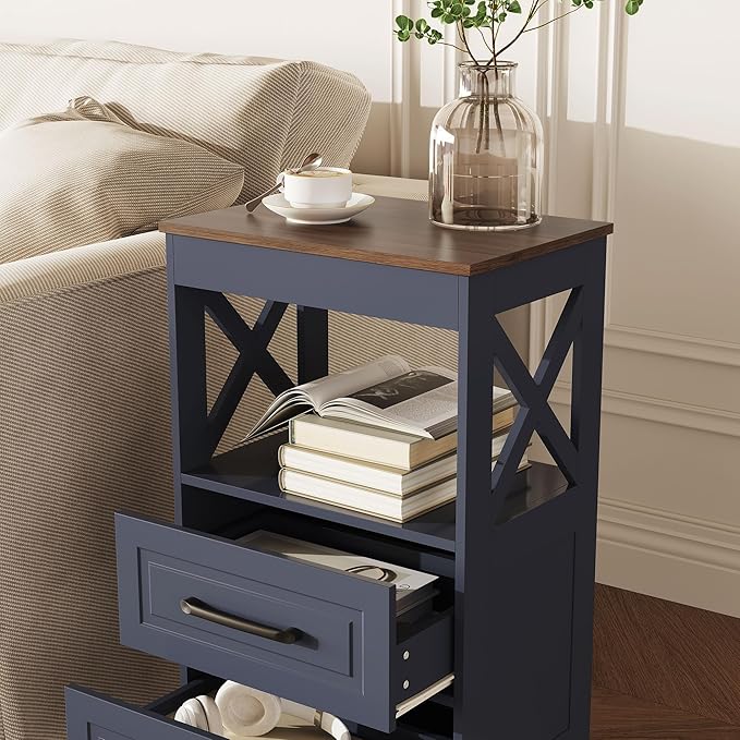 Tall Nightstand Set of 2 Side Table with 2 Drawers Modern Night Stand Wooden Rustic End Table Bedside Table with Upper Open Shelf Solid Feet for Bedroom Navy Blue+Walnut