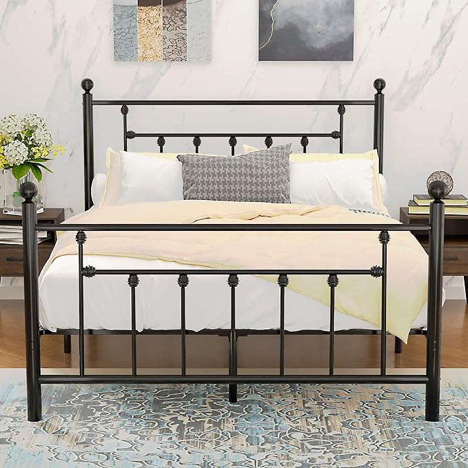 VECELO Queen Size Metal Platform Bed Frame with Headboard,No Box Spring Needed/Mattress Fundation/Victorian Vintage Style