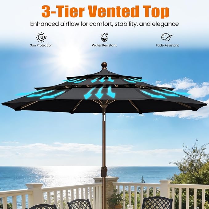 EliteShade USA 10-Year-Non-Fading 10ft 3-Tier Market Patio Umbrella, Commercial Grade Outdoor Table Umbrella with Crank Open, Windproof & UPF 50+ UV Protection, Heavy Duty Ventilation for Garden, Deck, Pool, Backyard, Beach & Bistro, Black