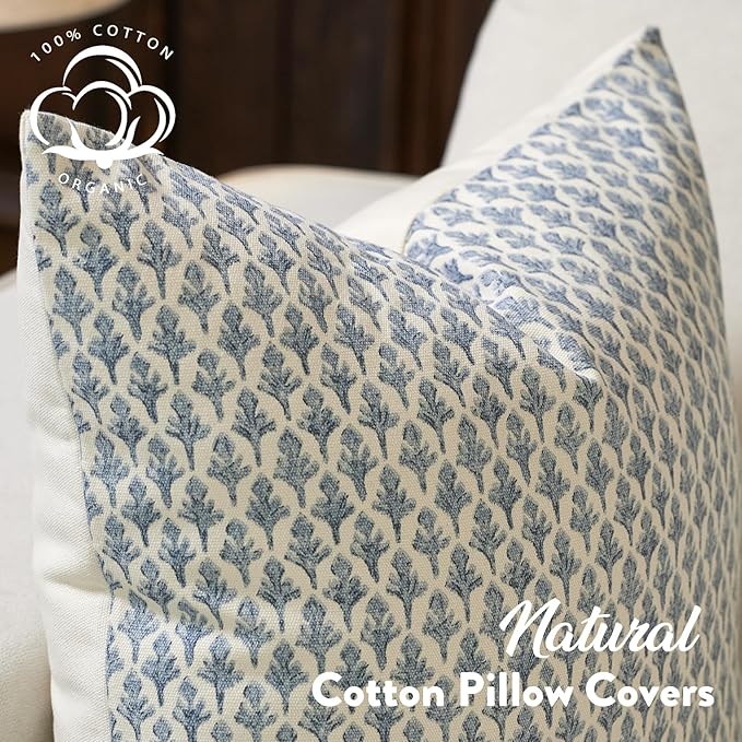 FIOUOVO Floral Pillow Covers 20x20 Pillow Cover Block Print Couch Pillows for Living Room Decorative Neutral Accent Throw Pillow Covers, 1PC, Aqua Blue