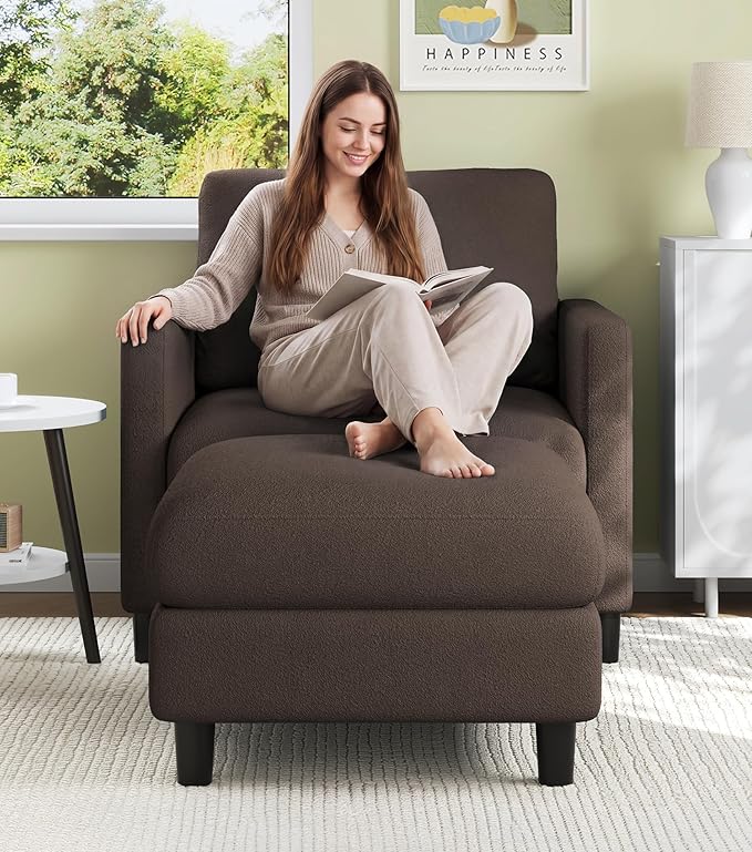 Welzona Sofa Accent Chair with Ottoman, 33" Reading Chair and Ottoman Set for Bedroom, Tool-Free Setup Living Room Accent Chairs, Comfy Arm Chairs Living Room, All-Wood Reading Nook, Brown