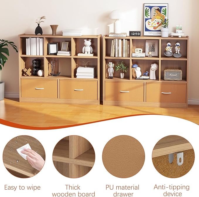 Cube Bookshelf Storage Organizer Bookcase,8 Cube Open Mid-Centur Shelf,Freestanding Display Bookshelve, Modern Wide Toy Shelf with Drawers for Bedroom Living Room Office (Natural)