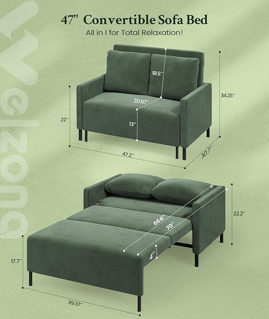 Welzona 47.2" Convertible Sofa Bed Couch, Comfy Corduroy Couch Bed, All in 1 Loveseat Sleeper Sofa, Love Seat Sleeper Bed with 2 Pillows, Modern Couches for Living Room/Apartment/Home/Office, Green