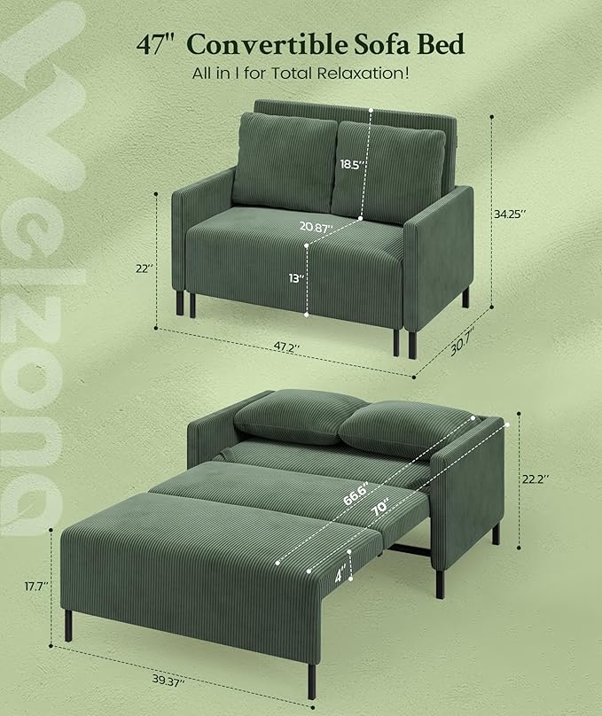 Welzona 47.2" Convertible Sofa Bed Couch, Comfy Corduroy Couch Bed, All in 1 Loveseat Sleeper Sofa, Love Seat Sleeper Bed with 2 Pillows, Modern Couches for Living Room/Apartment/Office, Olive Green
