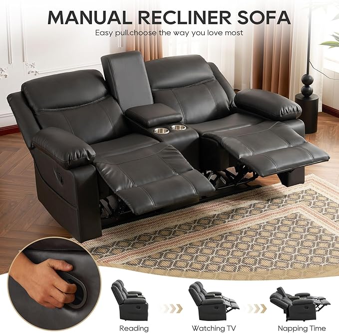 Reclining Loveseat Sofa with Massage & Heat, Recliner Couch, RV Love Seat Chair, Side Pockets, Extra Storage, Cup Holders, Adjustable Headrest & USB Ports for RV, Home Theater, Living Room